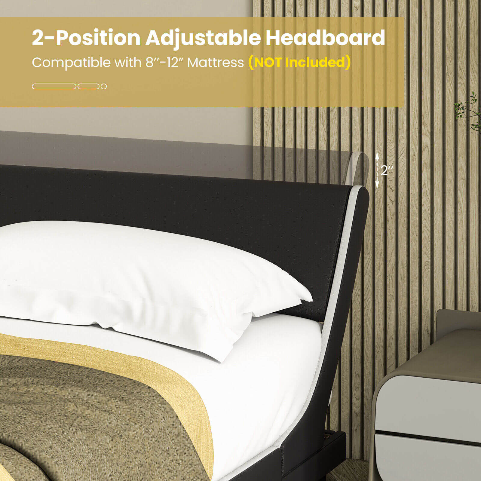 Upholstered Platform Bed Frame Low Profile Faux Leather with Curved Headboard-Queen Size