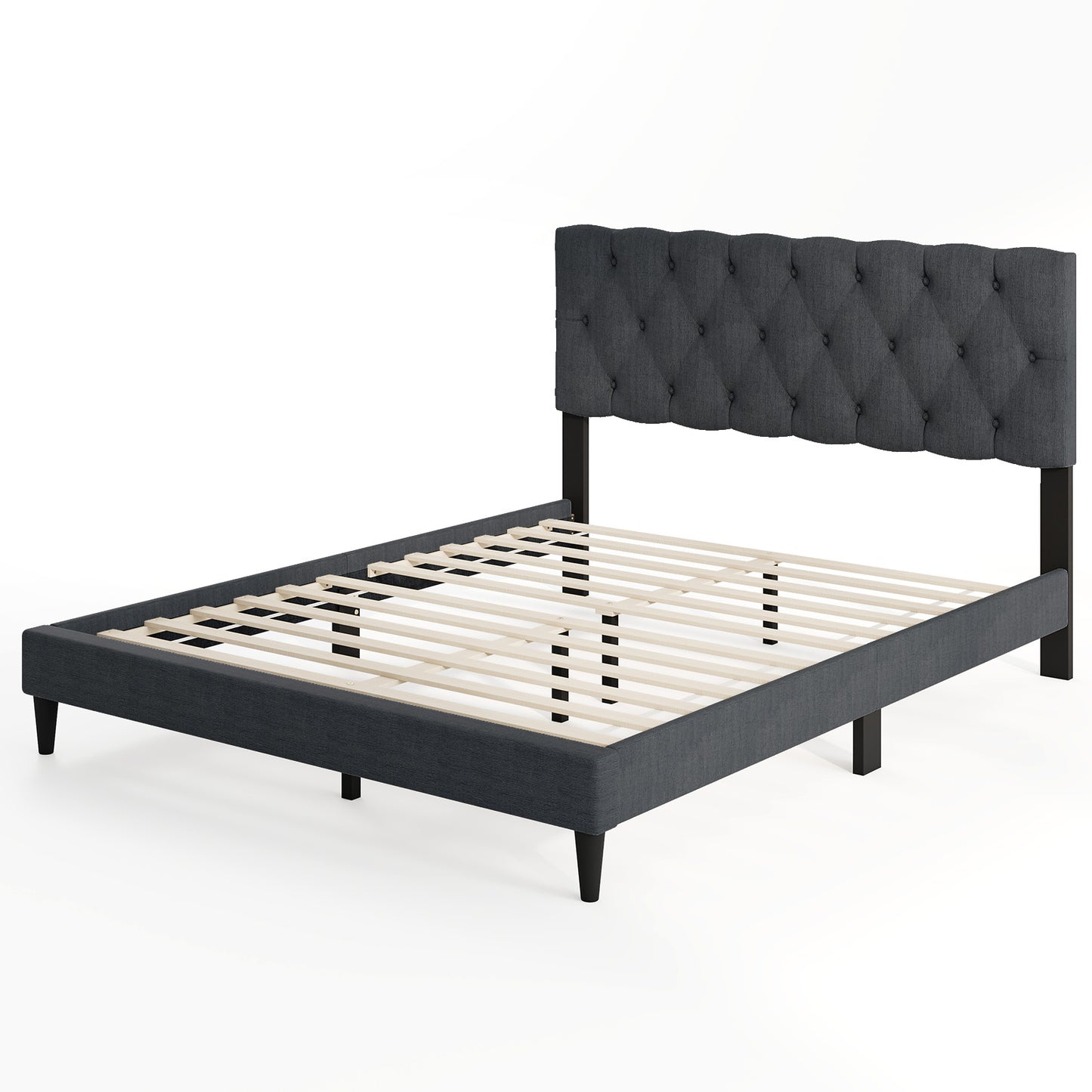 Upholstered Platform Bed with Tufted Headboard and Wooden Slats Gray-Full Size - Queen Size