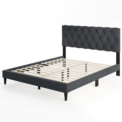 Upholstered Platform Bed with Tufted Headboard and Wooden Slats Gray-Full Size - Queen Size