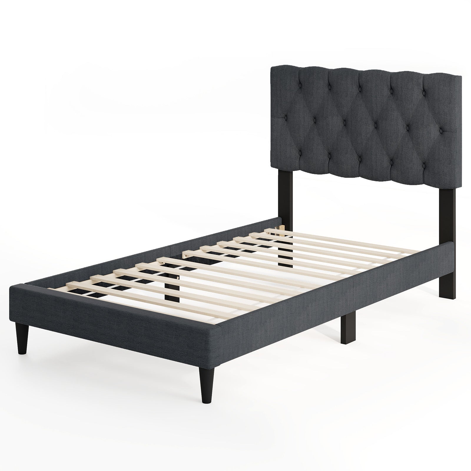 Upholstered Platform Bed with Tufted Headboard and Wooden Slats Gray-Full Size - Twin Size