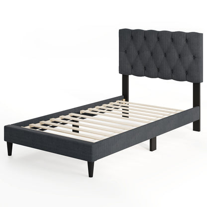 Upholstered Platform Bed with Tufted Headboard and Wooden Slats Gray-Full Size - Twin Size