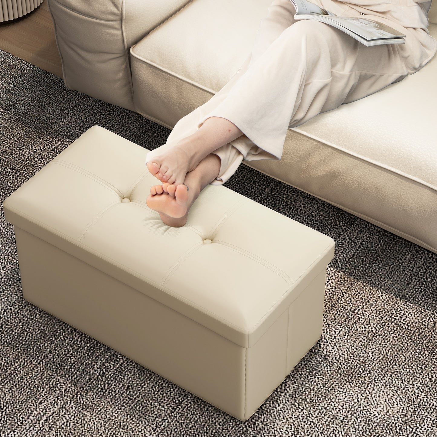 Upholstered Rectangle Footstool with PVC Leather Surface and Storage Function-White