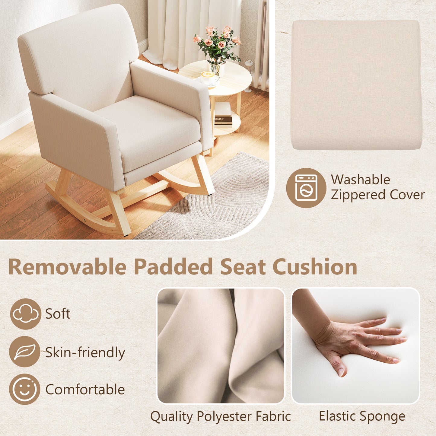 Upholstered Rocking Chair with and Solid Wood Base