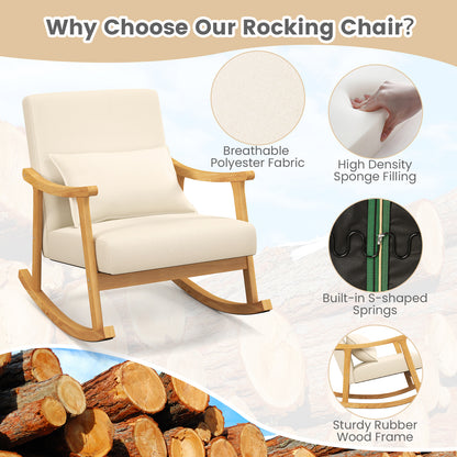Upholstered Rocking Chair with Pillow and Rubber Wood Frame-Beige
