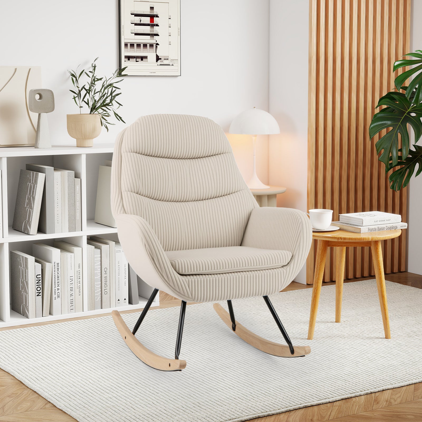 Upholstered Rocking Chair Nursery Glider Rocker with Padded Backrest and Seat-Beige