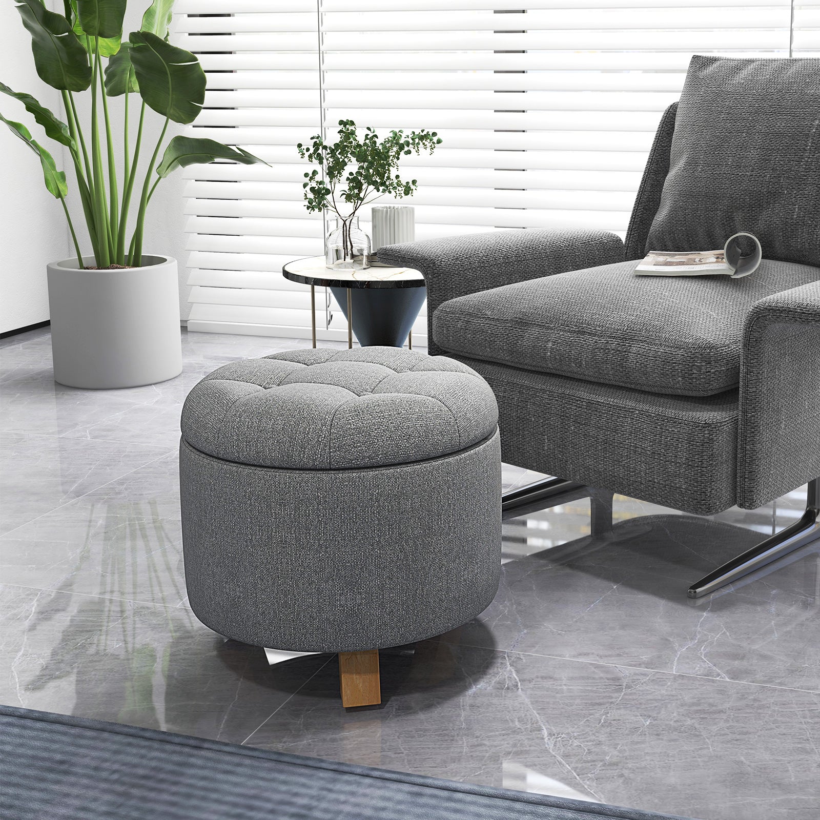 Upholstered Round Ottoman with Solid Rubber Feet-Gray