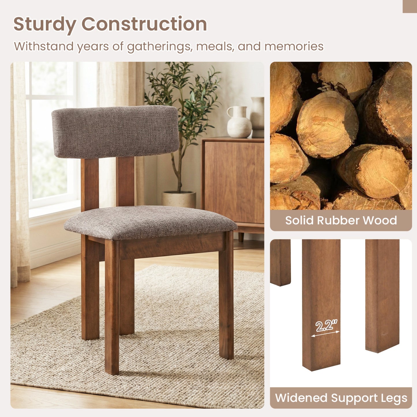 Upholstered Rubber Wood Dining Chairs Set of 2 with Curved Backrest