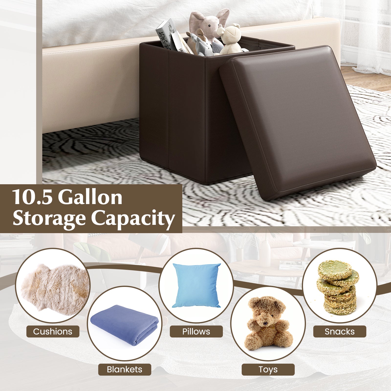 Upholstered Square Footstool with PVC Leather Surface for Bedroom-Brown
