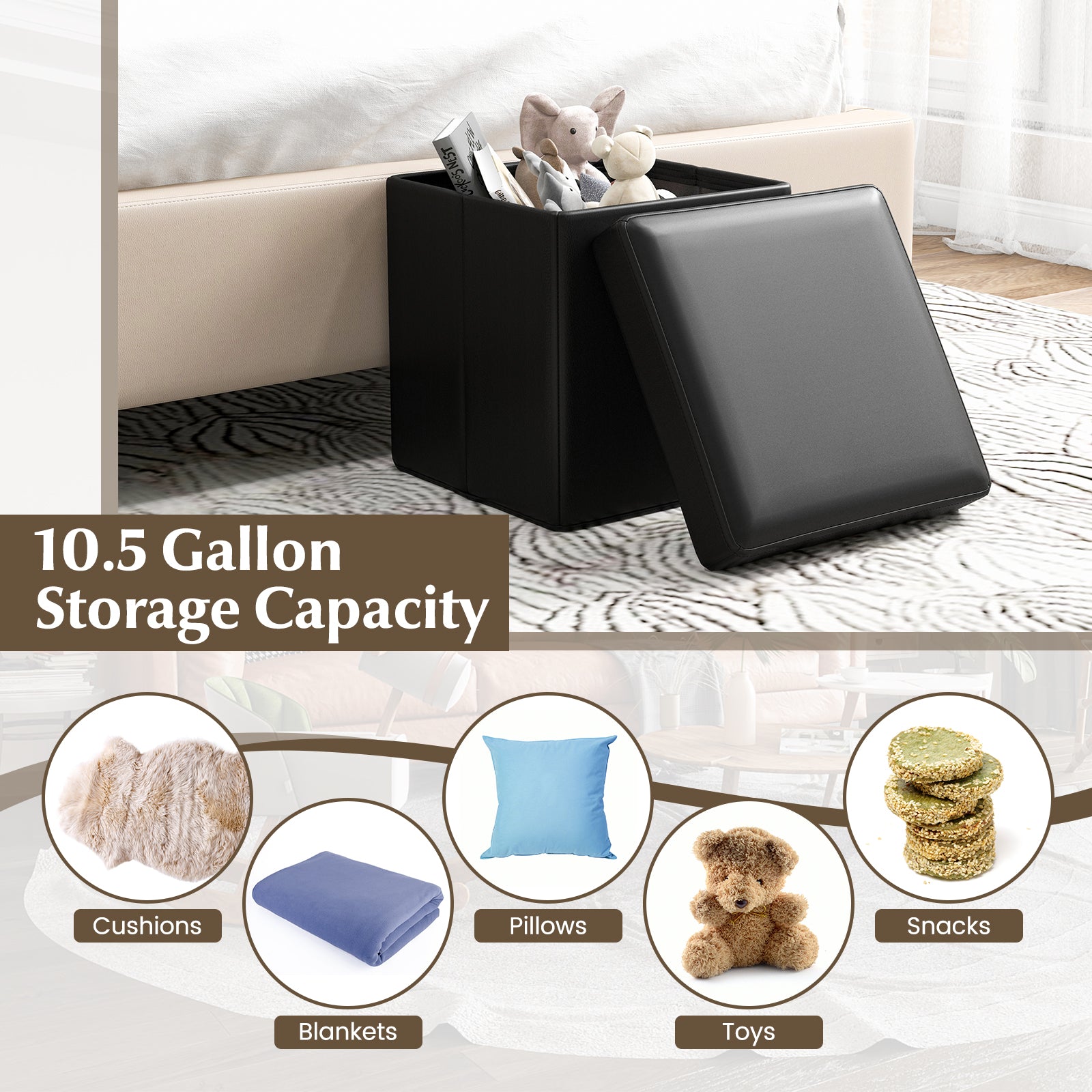 Upholstered Square Footstool with PVC Leather Surface for Bedroom-Black