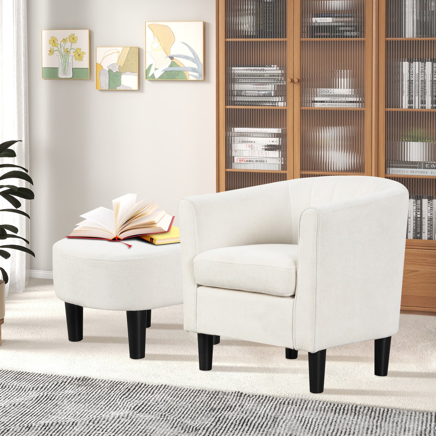 Upholstered Teddy Velvet Club Barrel Chair with Ottoman with Footrest