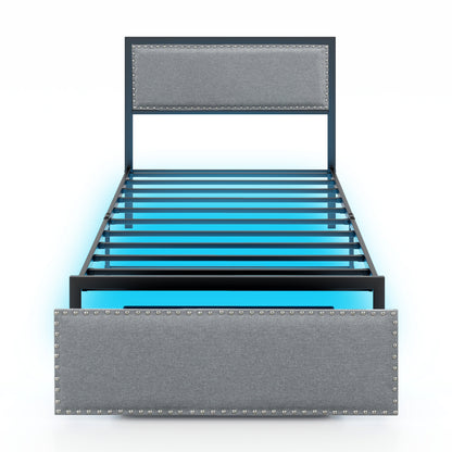 Full/Queen/Twin Size Bed Frame with LED Lights Drawer and Metal Slats-Twin Size - Twin Size