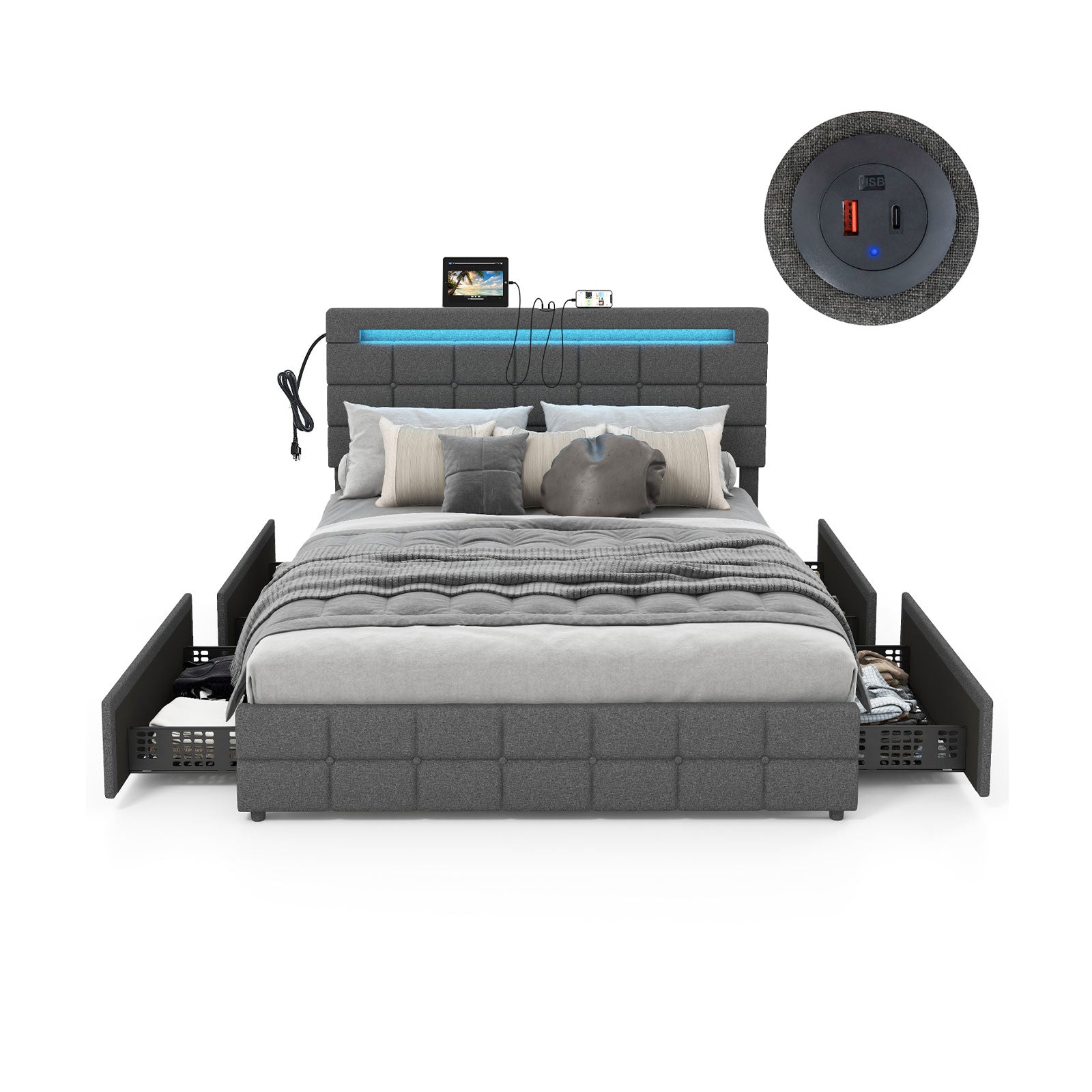 Upholstered LED Bed Frame with Headboard and 4 Drawers-Twin Size - Queen Size