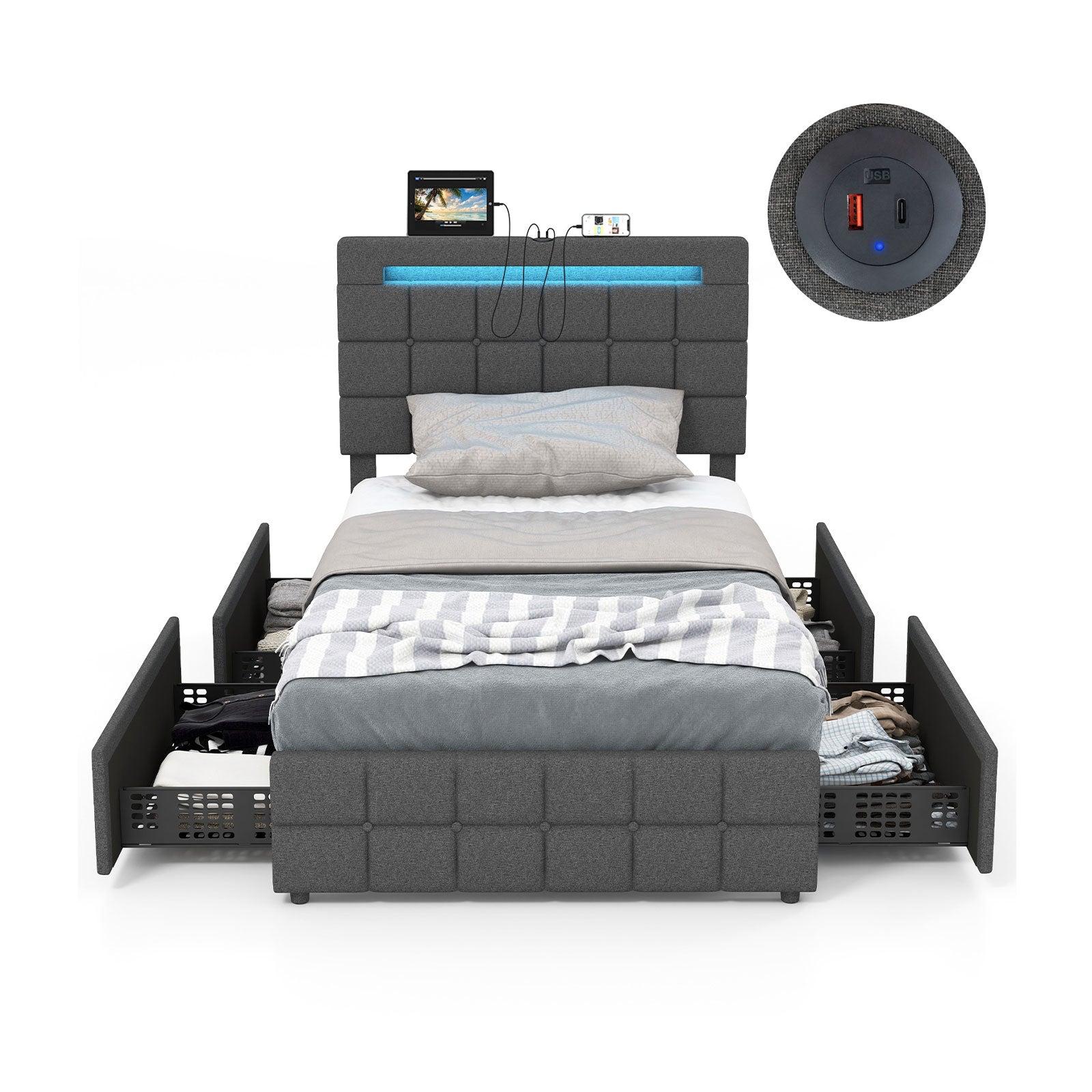 Upholstered LED Bed Frame with Headboard and 4 Drawers-Twin Size - Twin Size