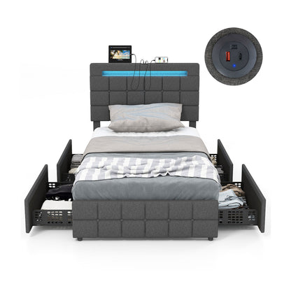 Upholstered LED Bed Frame with Headboard and 4 Drawers-Twin Size - Twin Size