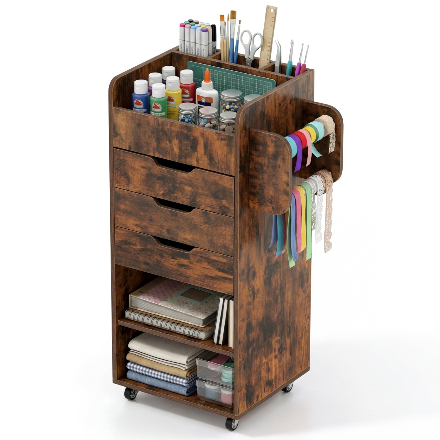 Utility Trolley with Open Shelves and 3 Drawers-Rustic Brown - Rustic Brown