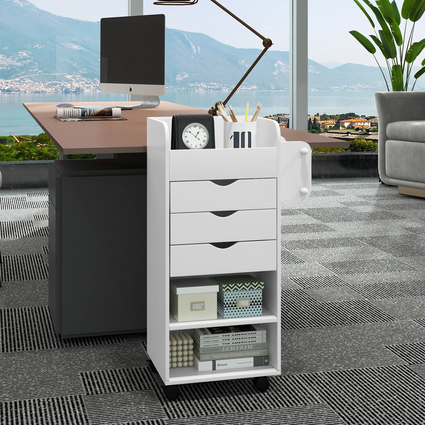 Utility Trolley with Open Shelves and 3 Drawers-White