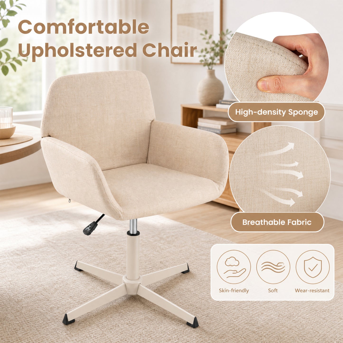 Swivel Vanity Chair with Adjustable Height and Back Support