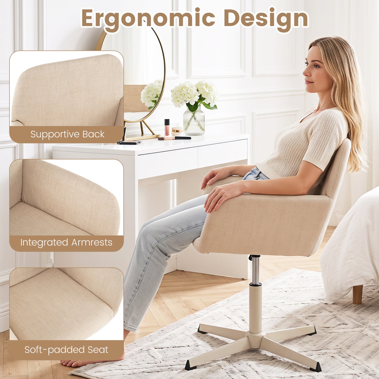 Swivel Vanity Chair with Adjustable Height and Back Support