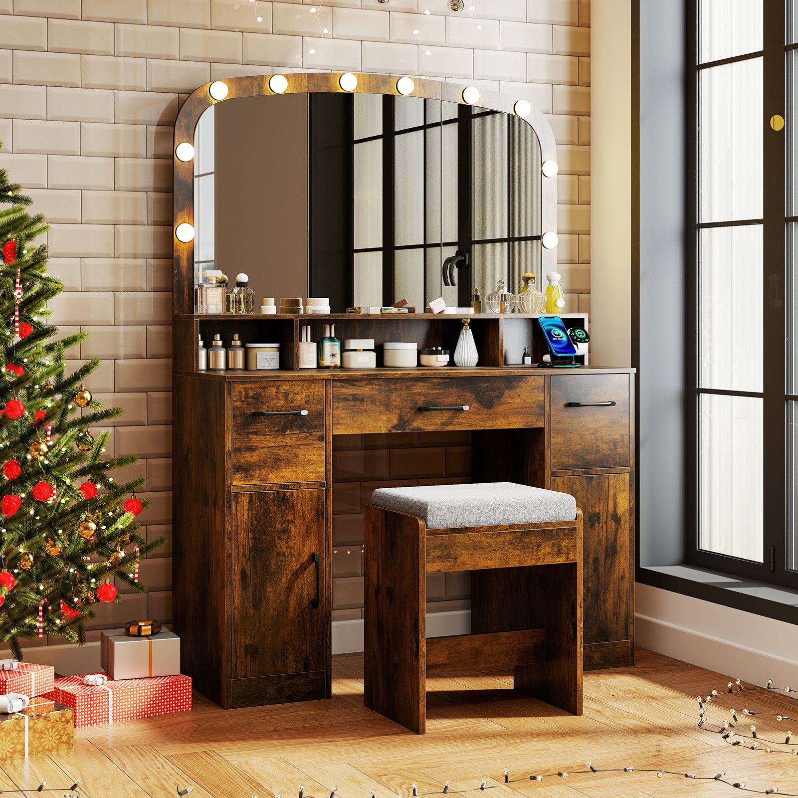 Vanity Desk Makeup Table with Stool 3-Color Lights and Charging Station-Rustic Brown