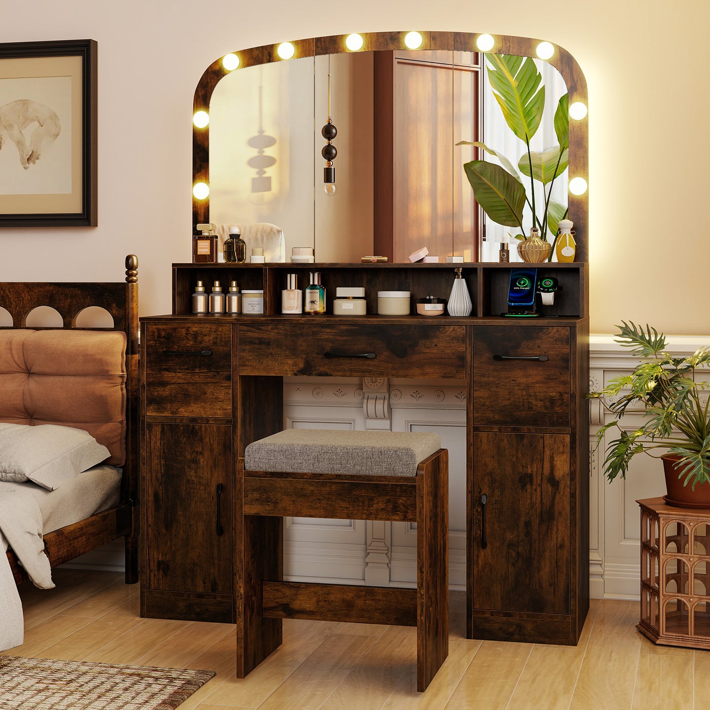 Vanity Desk Makeup Table with Stool 3-Color Lights and Charging Station-Rustic Brown