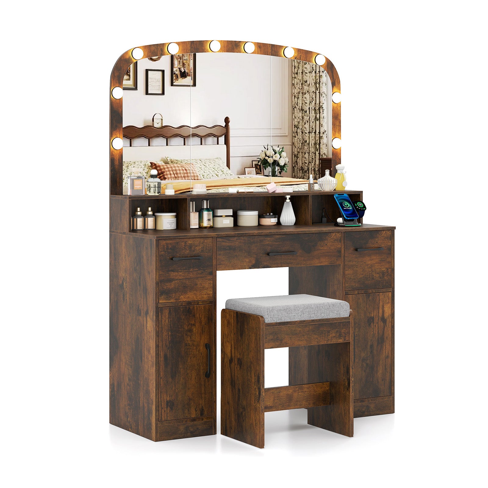 Vanity Desk Makeup Table with Stool 3-Color Lights and Charging Station-Rustic Brown