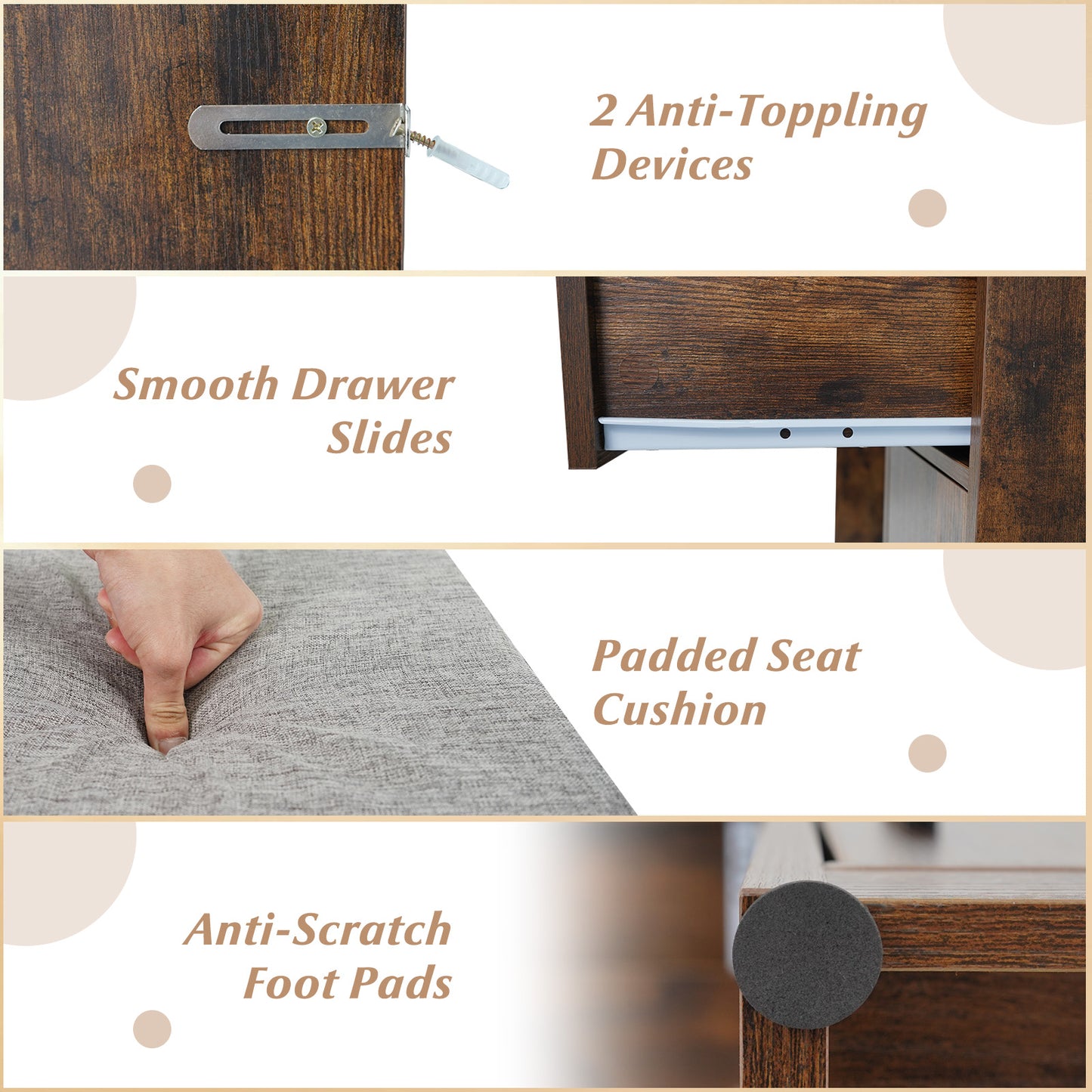 Vanity Desk Makeup Table with Stool 3-Color Lights and Charging Station-Rustic Brown