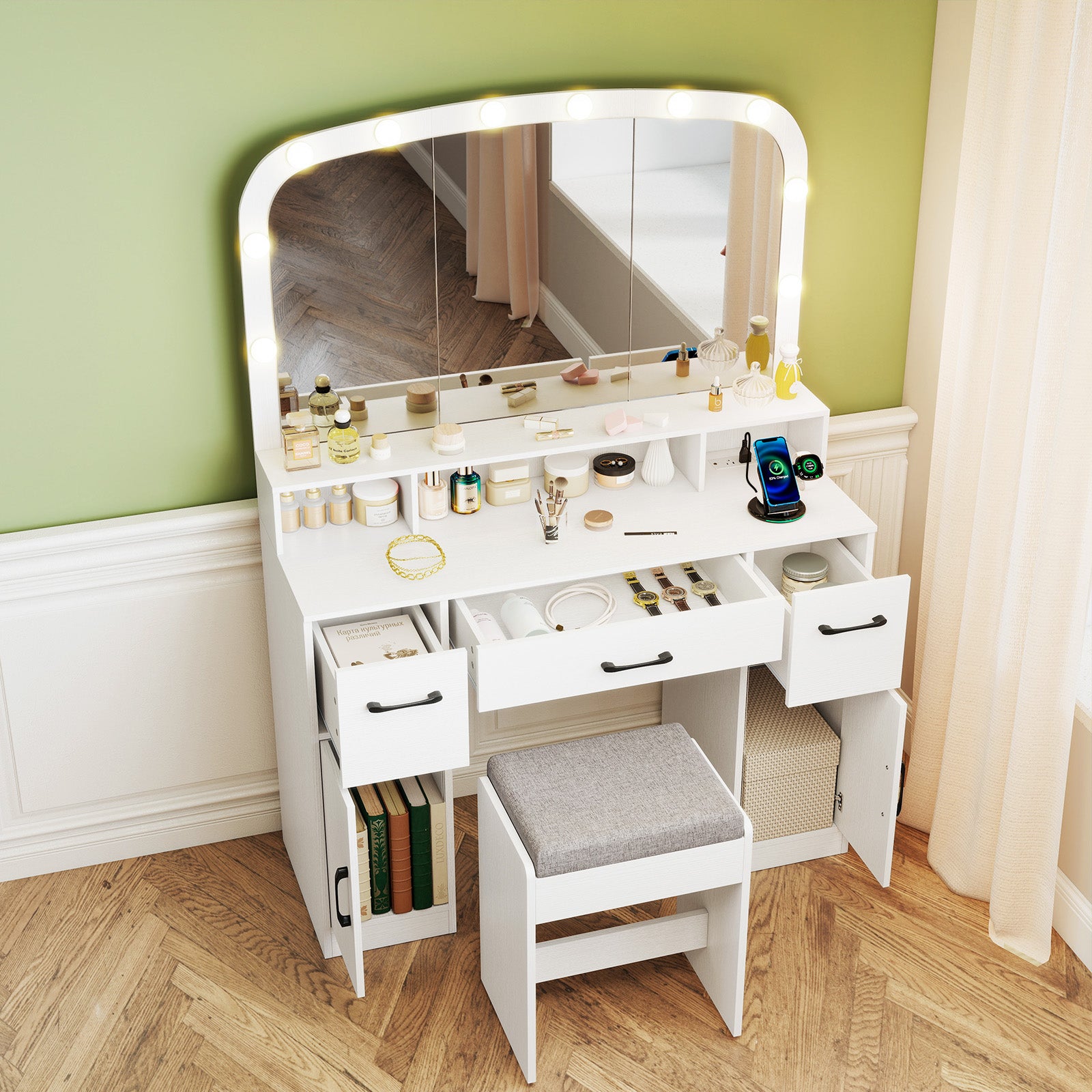 Vanity Desk Makeup Table with Stool 3-Color Lights and Charging Station-White