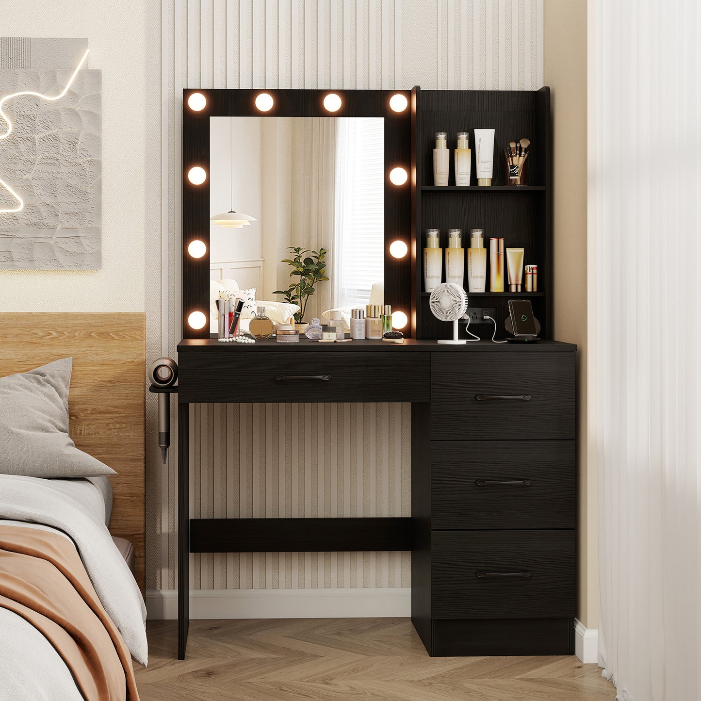 Vanity Desk with 3-Color Lights and Power Outlets