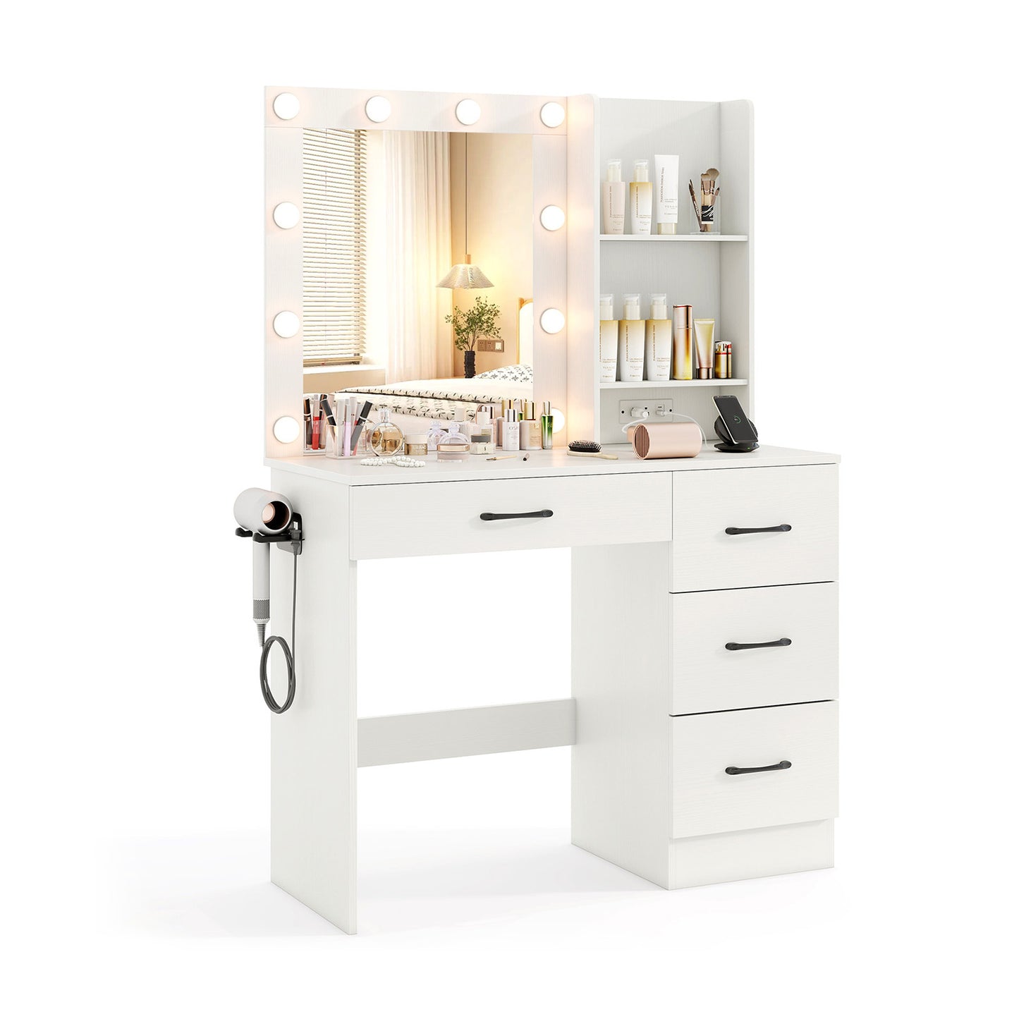 Vanity Desk with 3-Color Lights and Power Outlets-Black - White