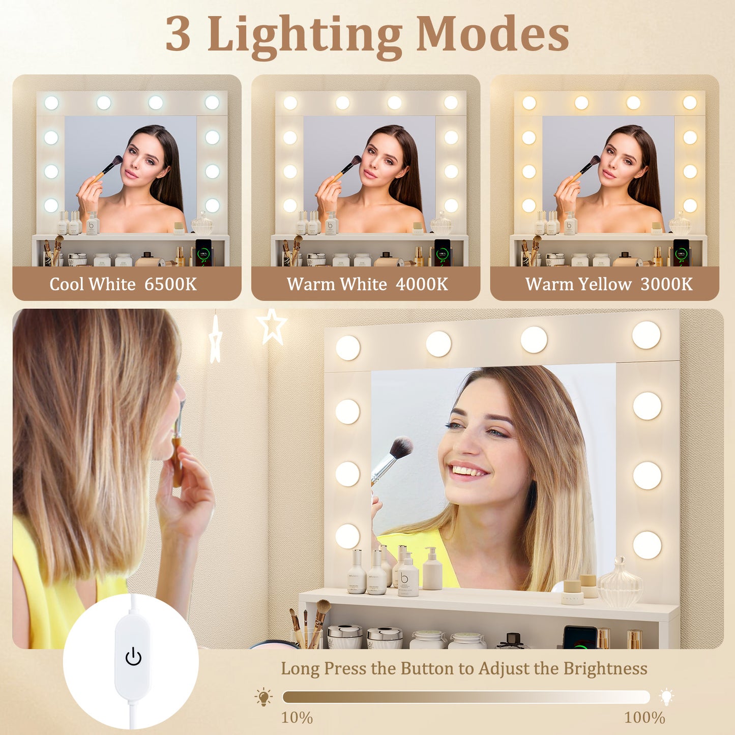 Vanity Desk with Adjustable Brightness and 3 Light Modes for Bedroom-White