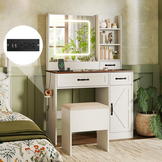 Vanity Desk with Mirror and Lights Farmhouse Makeup Dressing Table-White
