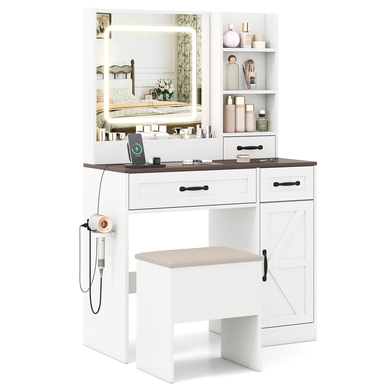 Vanity Desk with Mirror and Lights Farmhouse Makeup Dressing Table-White
