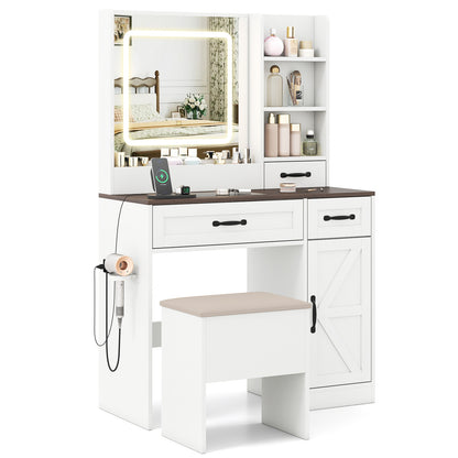 Vanity Desk with Mirror and Lights Farmhouse Makeup Dressing Table-White