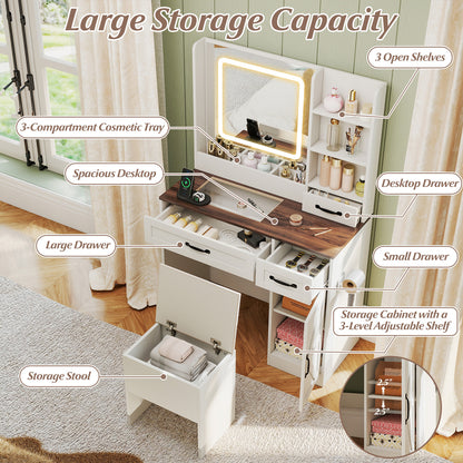 Vanity Desk with Mirror and Lights Farmhouse Makeup Dressing Table-White