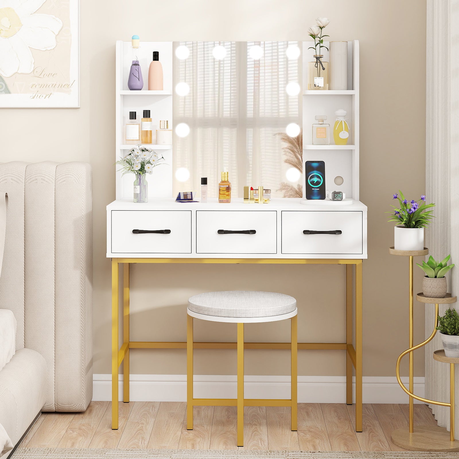 Vanity Desk with Mirror and Lights Makeup Dressing Table and Cushioned Stool Set-White