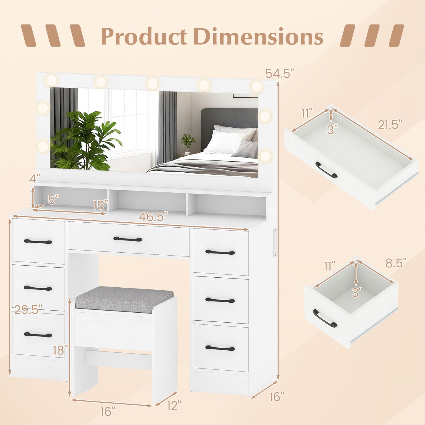 Vanity Desk with Mirror and Lights Makeup Table with Power Outlets-White