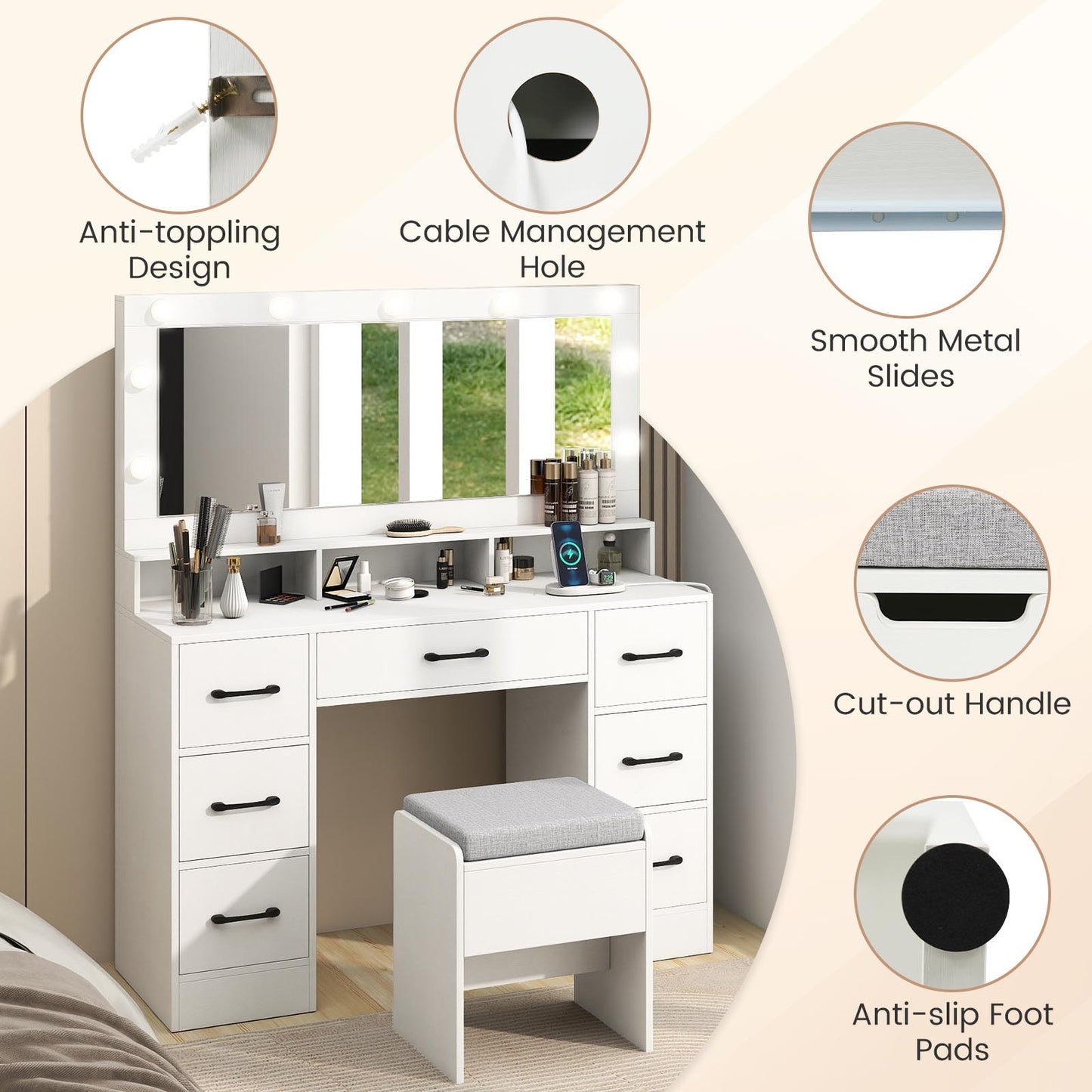 Vanity Desk with Mirror and Lights Makeup Table with Power Outlets-White