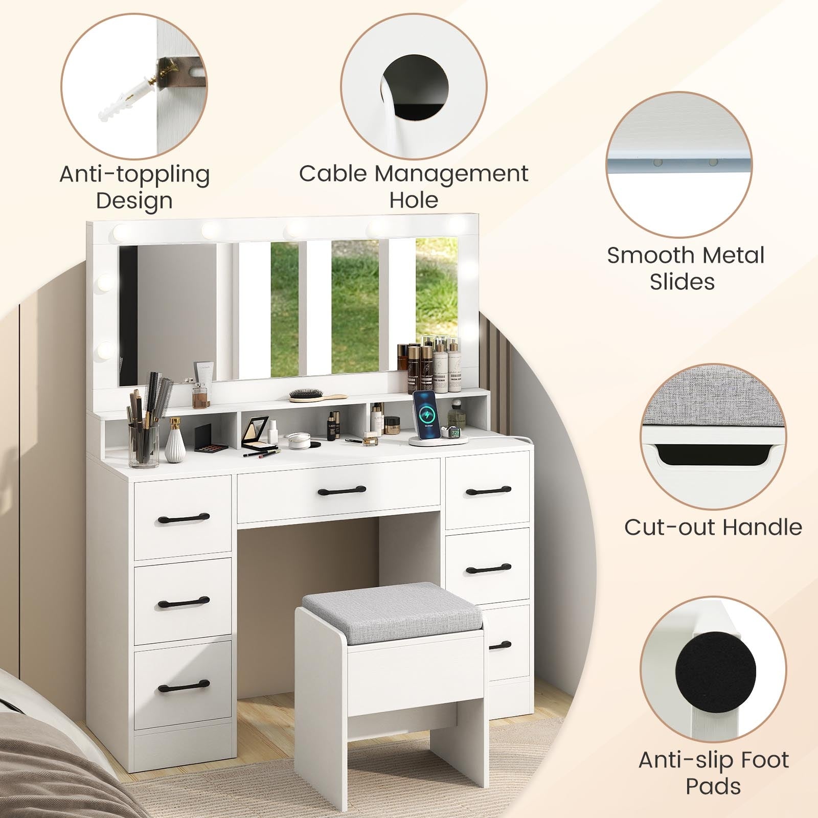 Vanity Desk with Mirror and Lights Makeup Table with Power Outlets-White