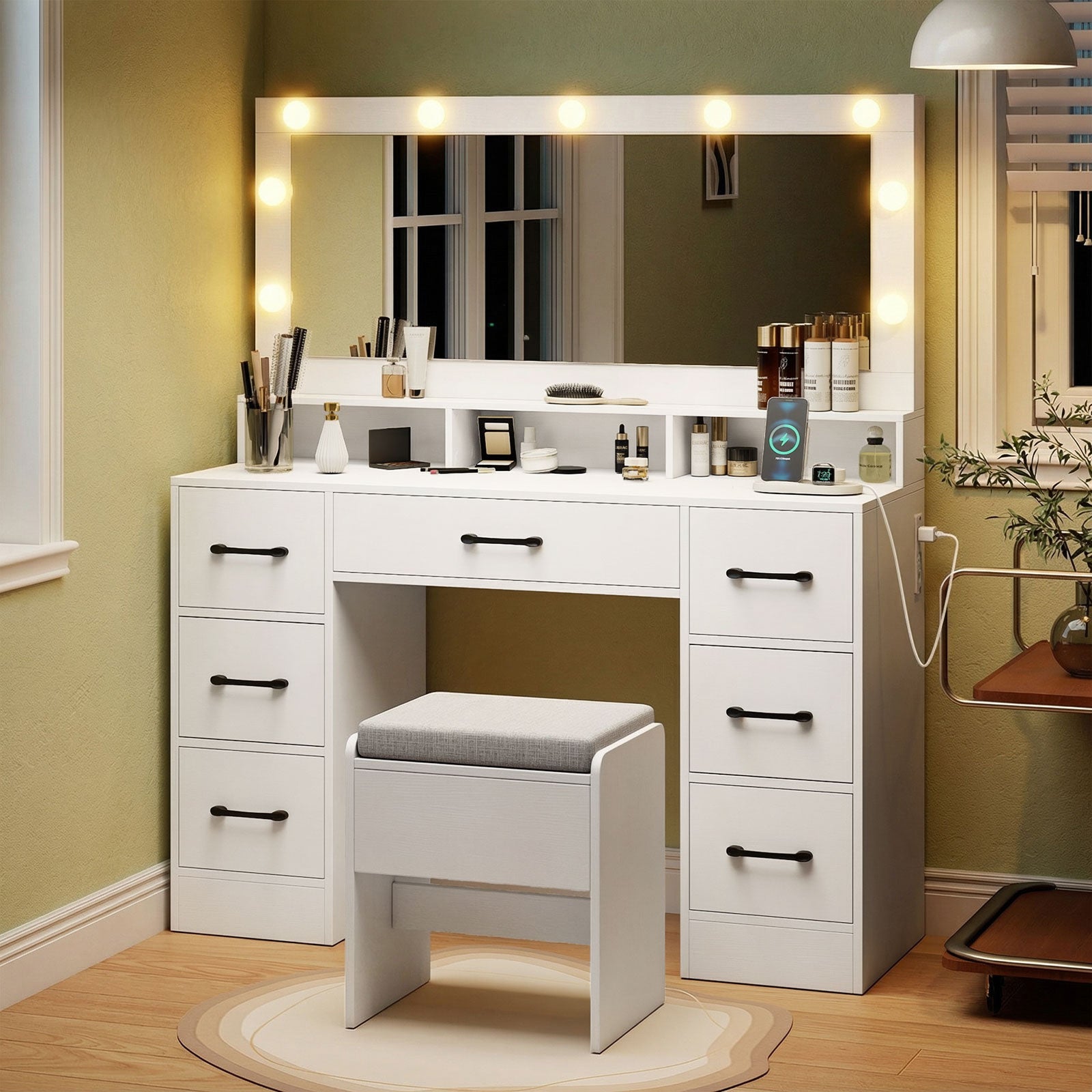 Vanity Desk with Mirror and Lights Makeup Table with Power Outlets-White