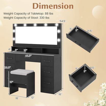 Vanity Desk with Mirror and Lights Makeup Table with Power Outlets-Black