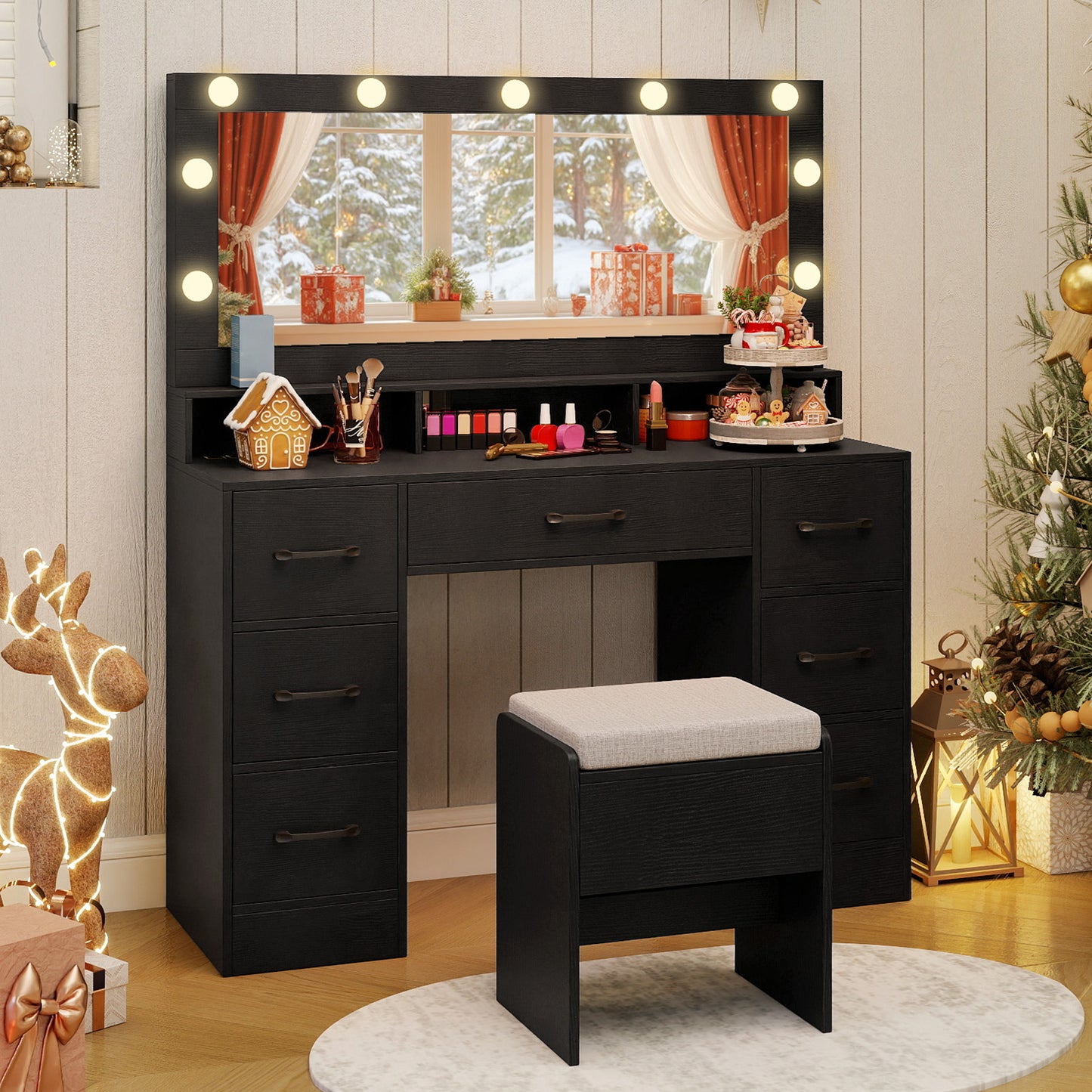Vanity Desk with Mirror and Lights Makeup Table with Power Outlets-Black