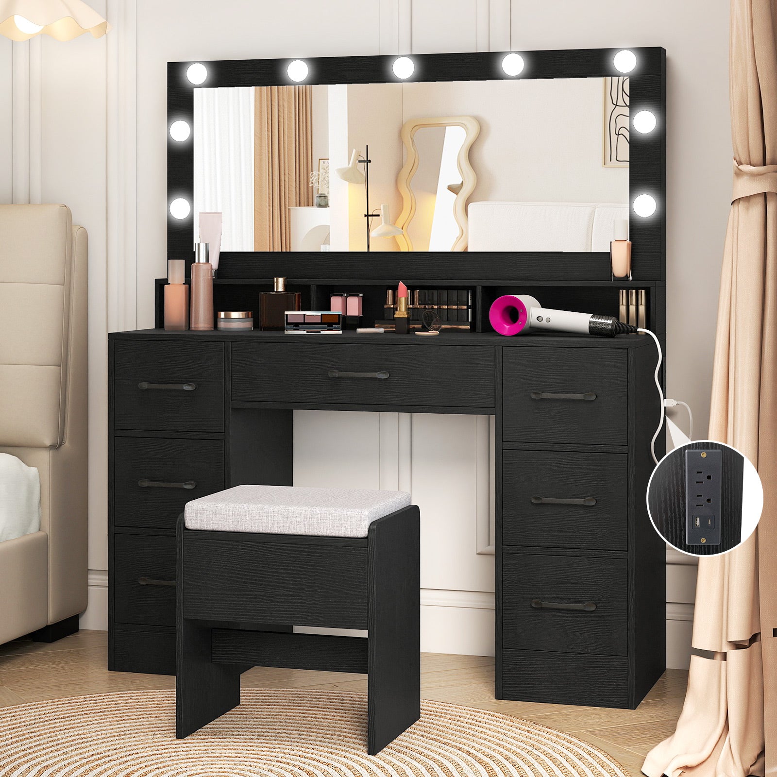 Vanity Desk with Mirror and Lights Makeup Table with Power Outlets-Black