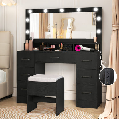 Vanity Desk with Mirror and Lights Makeup Table with Power Outlets-Black
