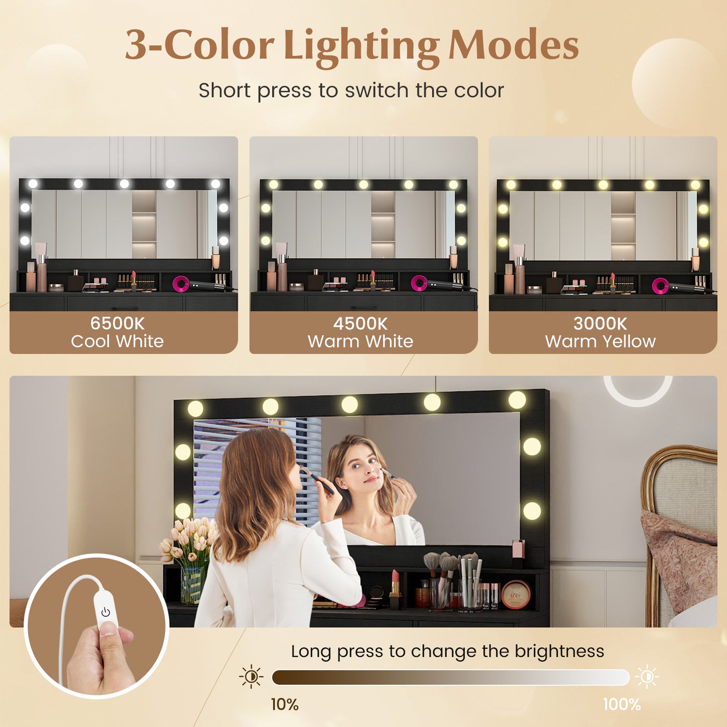 Vanity Desk with Mirror and Lights Makeup Table with Power Outlets-Black