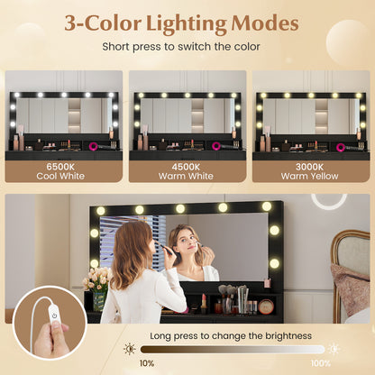 Vanity Desk with Mirror and Lights Makeup Table with Power Outlets-Black