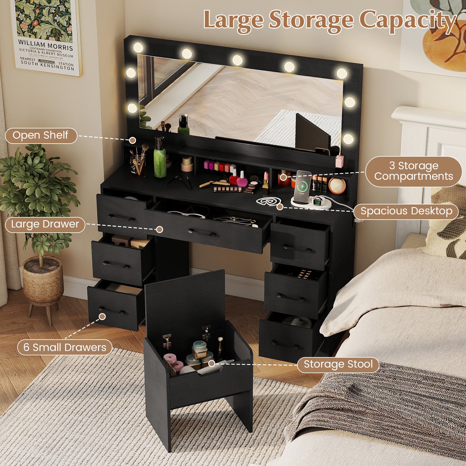 Vanity Desk with Mirror and Lights Makeup Table with Power Outlets-Black