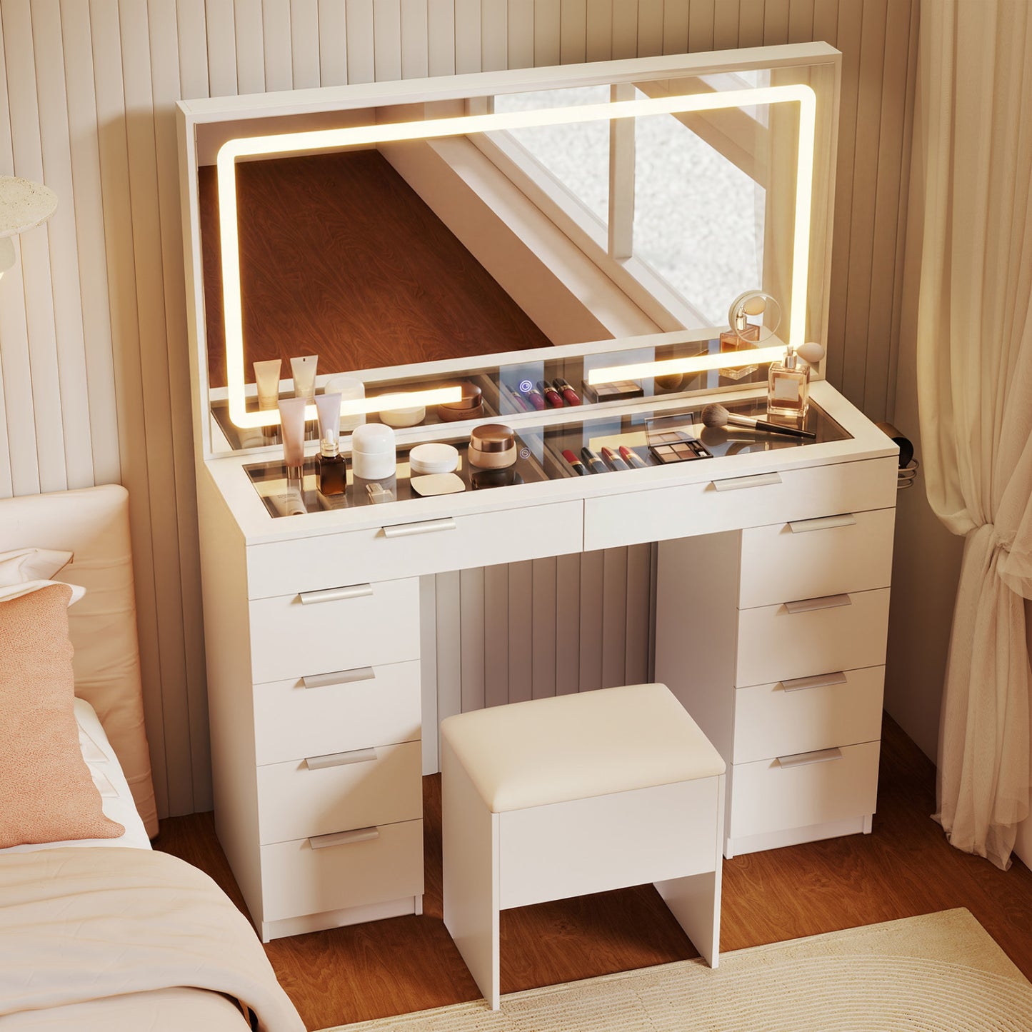 Vanity Desk with Lighted Mirror and Charging Station