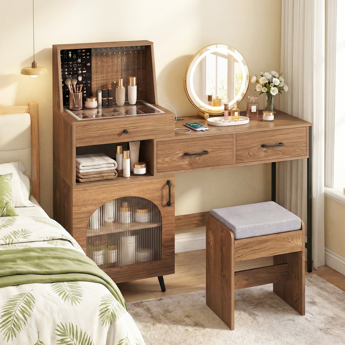 Vanity Desk with Lighted Mirror & Jewelry Storage
