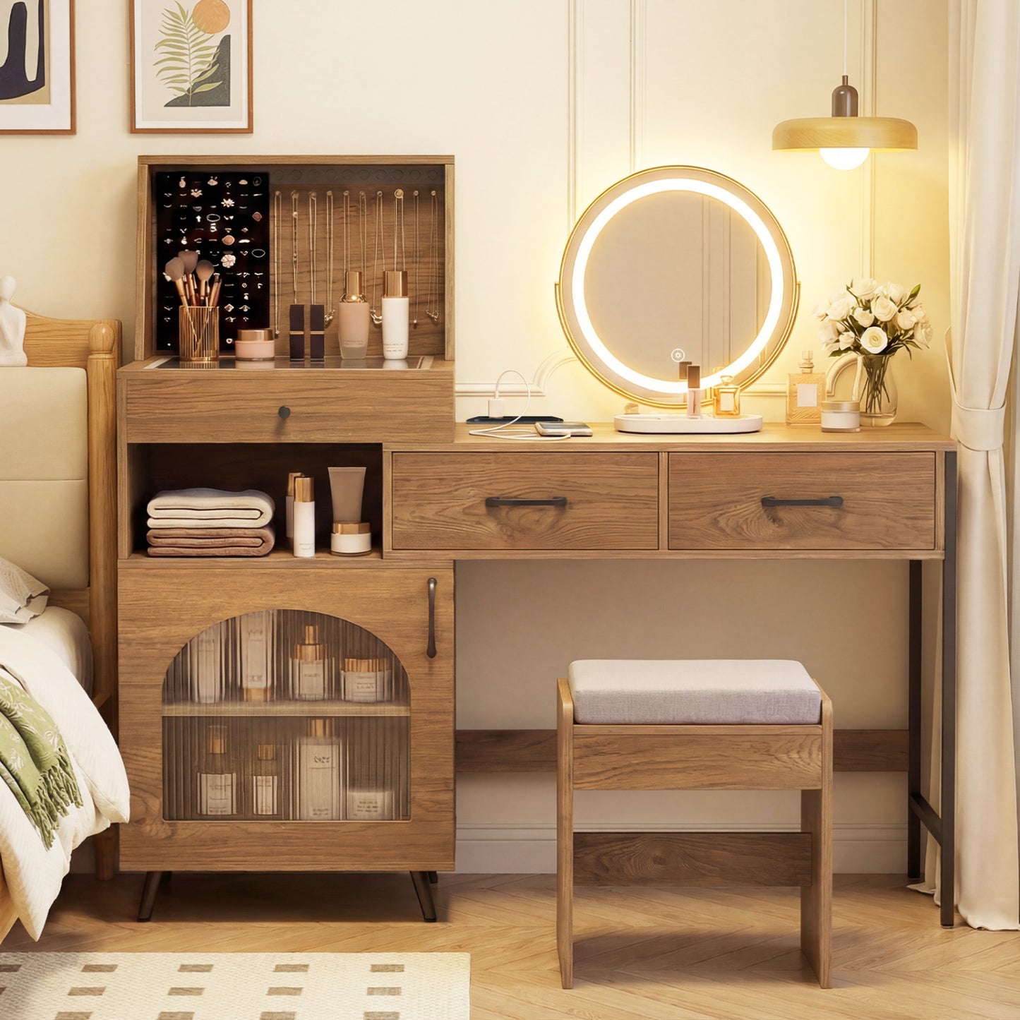 Vanity Desk with Lighted Mirror & Jewelry Storage