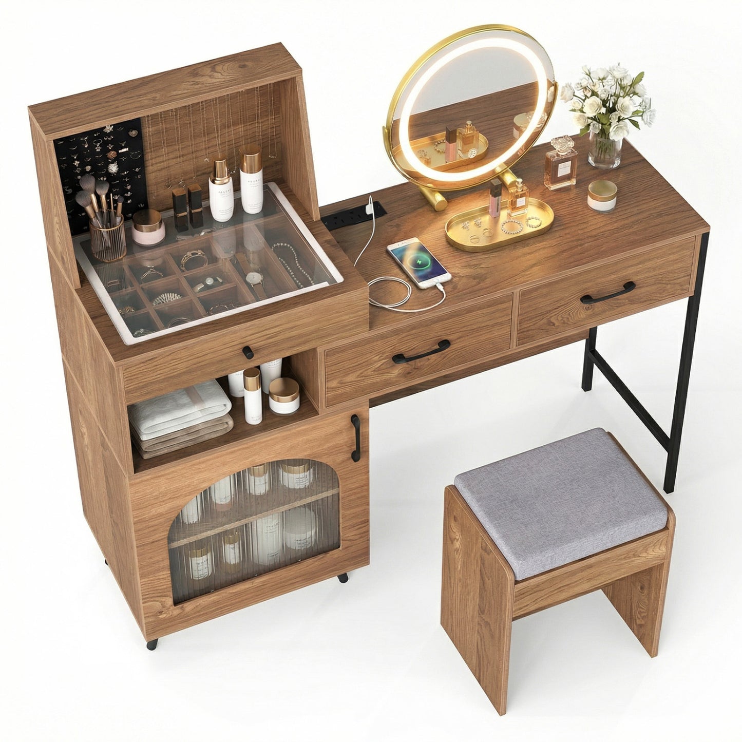 Vanity Desk with Lighted Mirror & Jewelry Storage